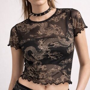 Y2K Dragon Mesh Top Sheer Tattoo Tee Cropped Silhouette Black nude Sz M